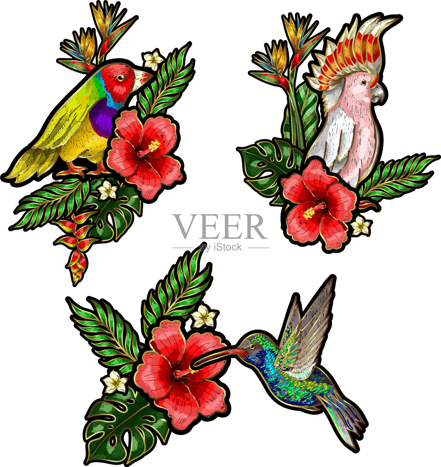 热带鸟类绣花补丁设计元素图片