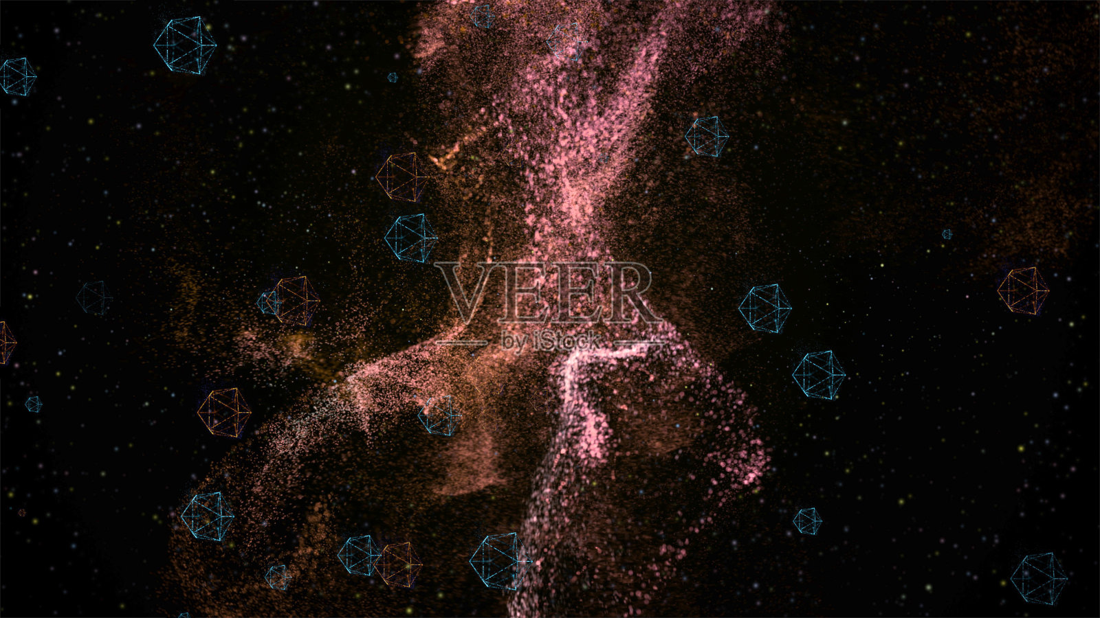 抽象三维可视化的几何低聚形状漂浮在黑色背景与金色的尘埃喷雾。照片摄影图片