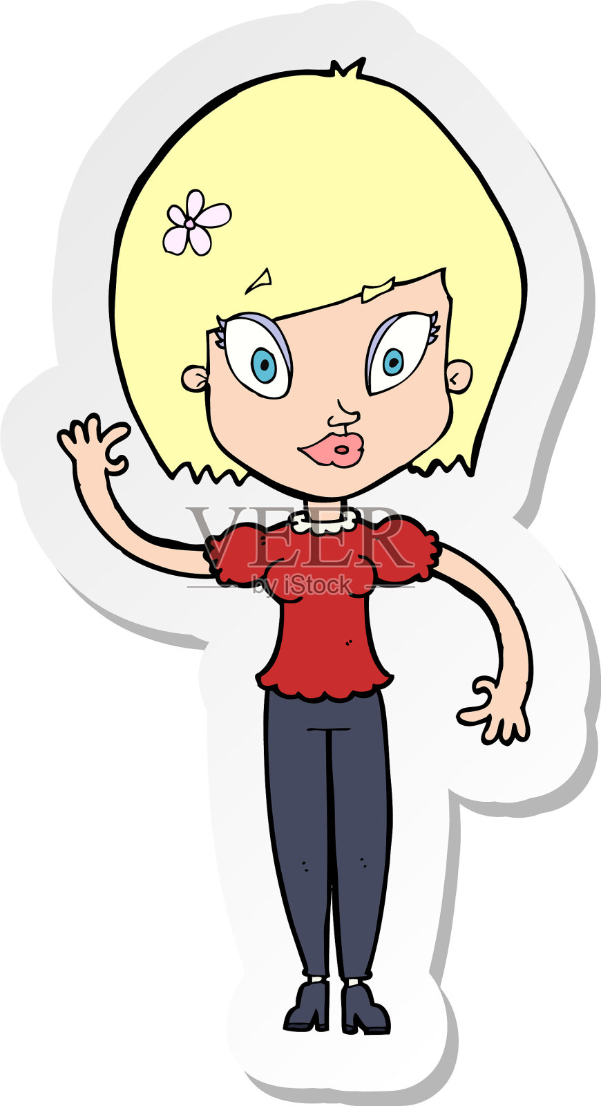 一个卡通美女挥手的贴纸设计元素图片