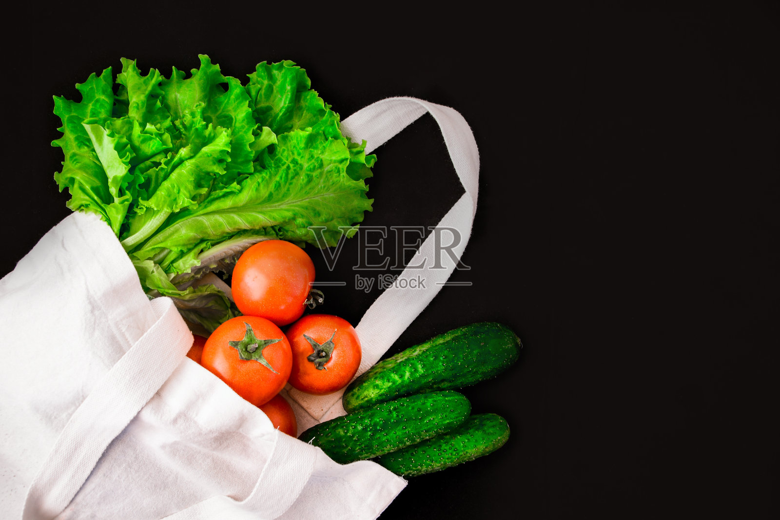 可重复使用的零废弃纺织品购物袋与杂货蔬菜，复制空间的文字照片摄影图片