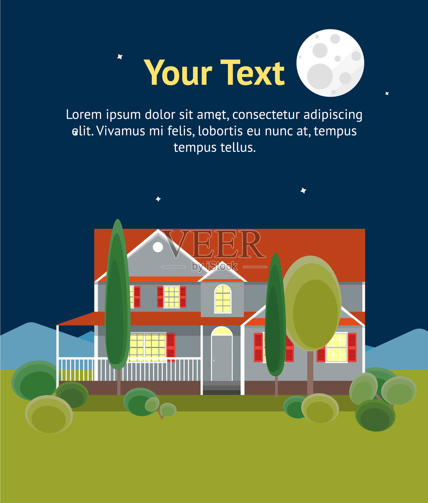 卡通房屋建筑晚上时间横幅卡设计模板素材