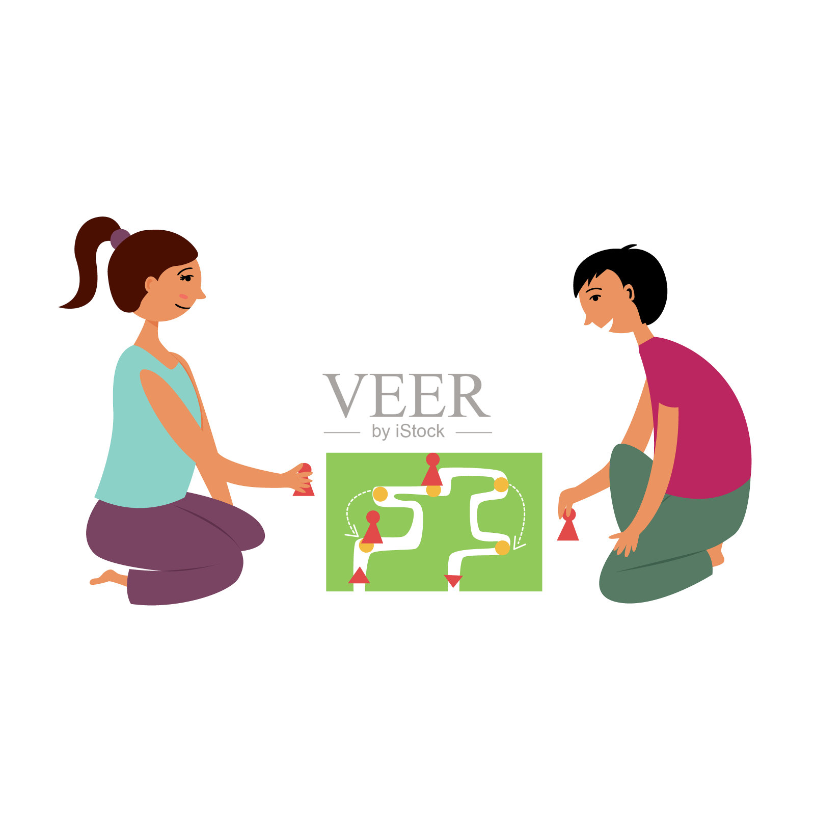 女孩和男孩玩棋盘游戏插画图片素材