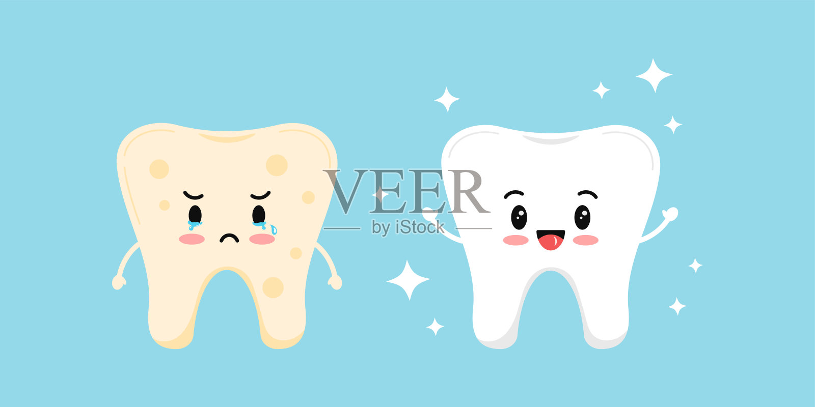 可爱的白色牙齿和牙齿与黄斑前，后图标设置。插画图片素材