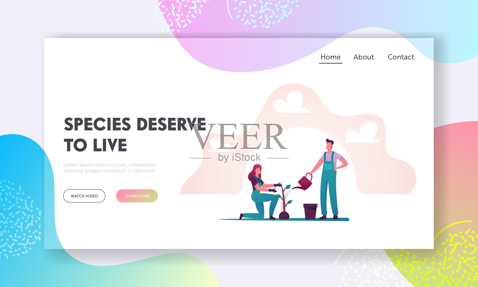 快乐的人园艺，种植和浇灌植物登陆页面模板。爱护地球上的花草。生物多样性，园艺和园艺。卡通矢量图插画图片素材