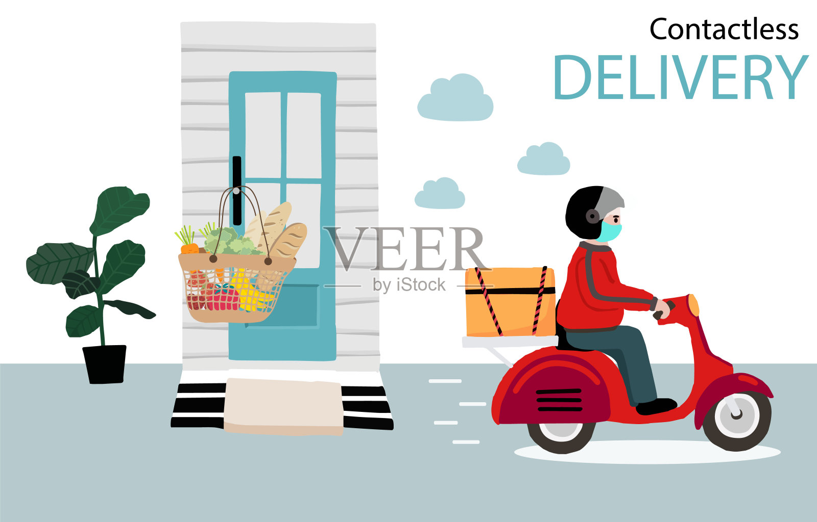 在线快递非接触式服务，通过摩托车到家、办公室。快递员正在提醒唛头预防冠状病毒插画图片素材