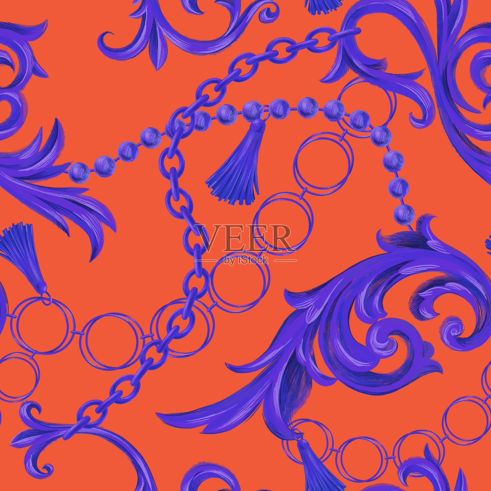 时尚无缝图案搭配链条、配饰、珠宝及巴洛克洛可可式边框元素。插画图片素材