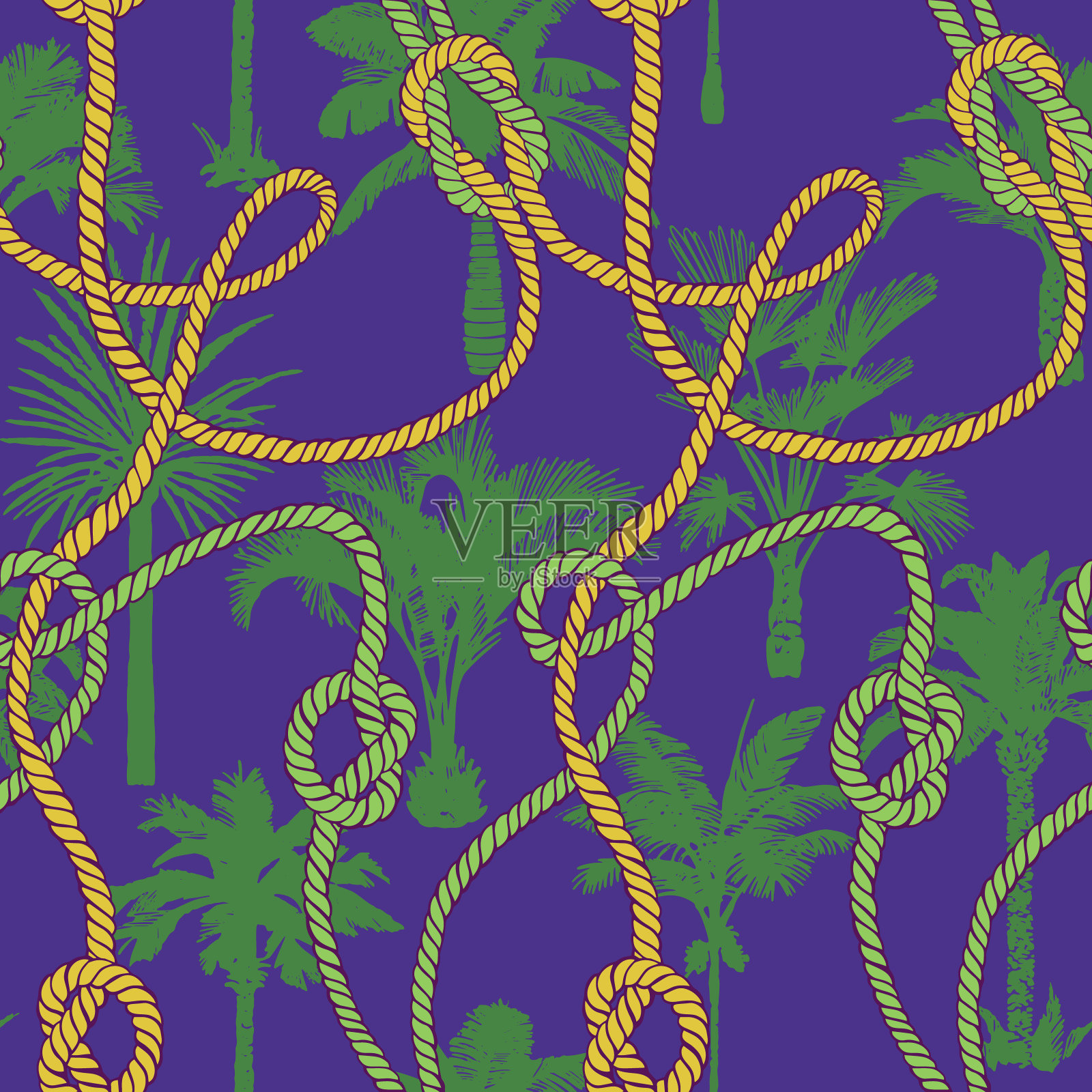 棕榈树无缝图案。假日夏季热带背景与扭曲的绳子和棕榈树。插画图片素材