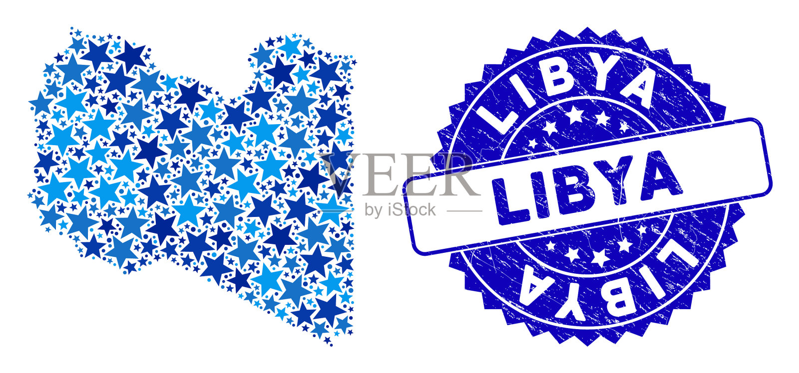 蓝星利比亚地图马赛克和刻花印章插画图片素材