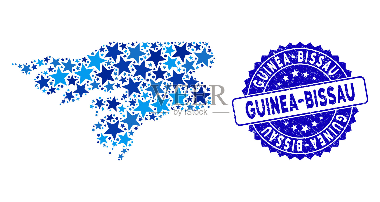 蓝星几内亚比绍地图马赛克和垃圾印章插画图片素材