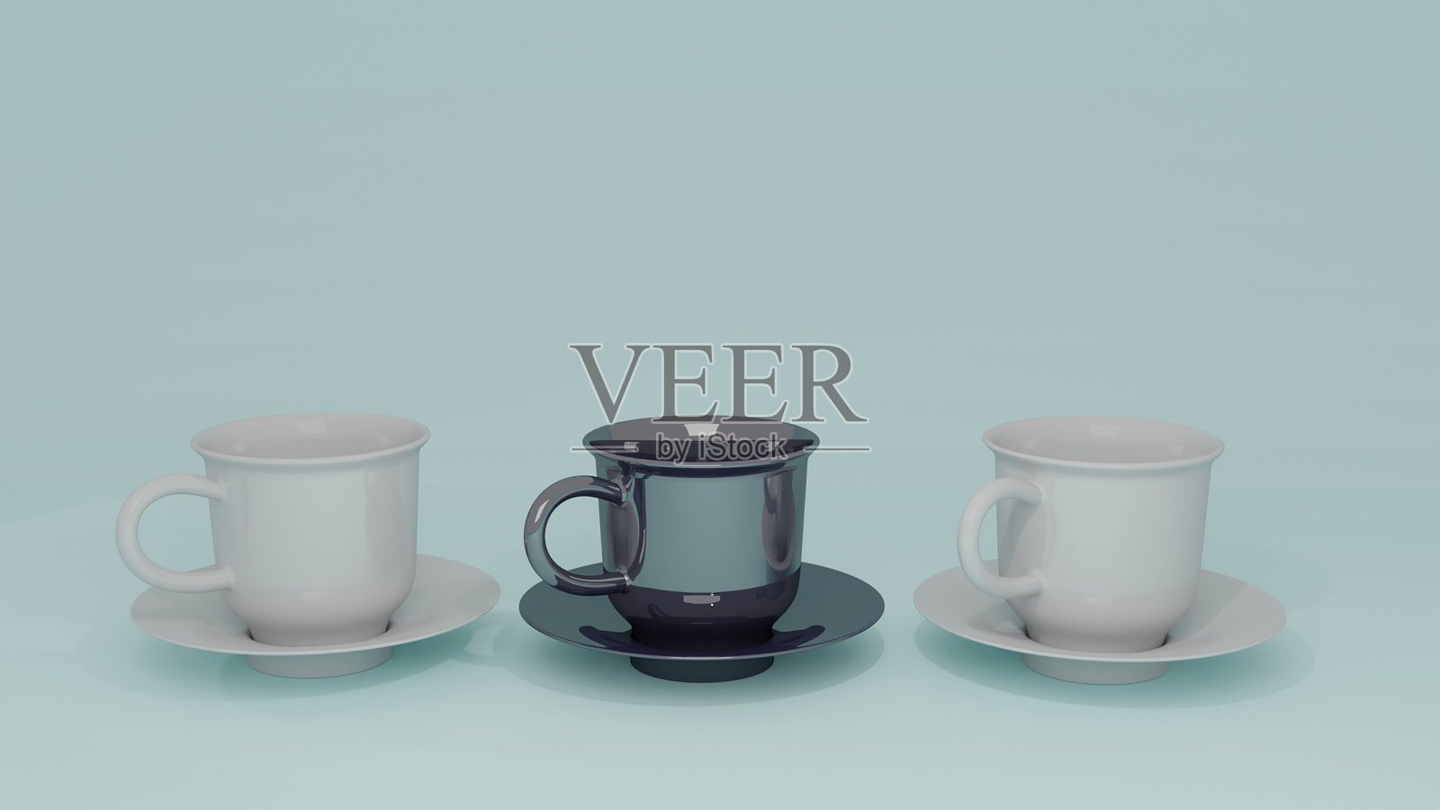 3 d渲染插图。白色瓷杯孤立在背景上。咖啡和茶杯放在碟上。照片摄影图片