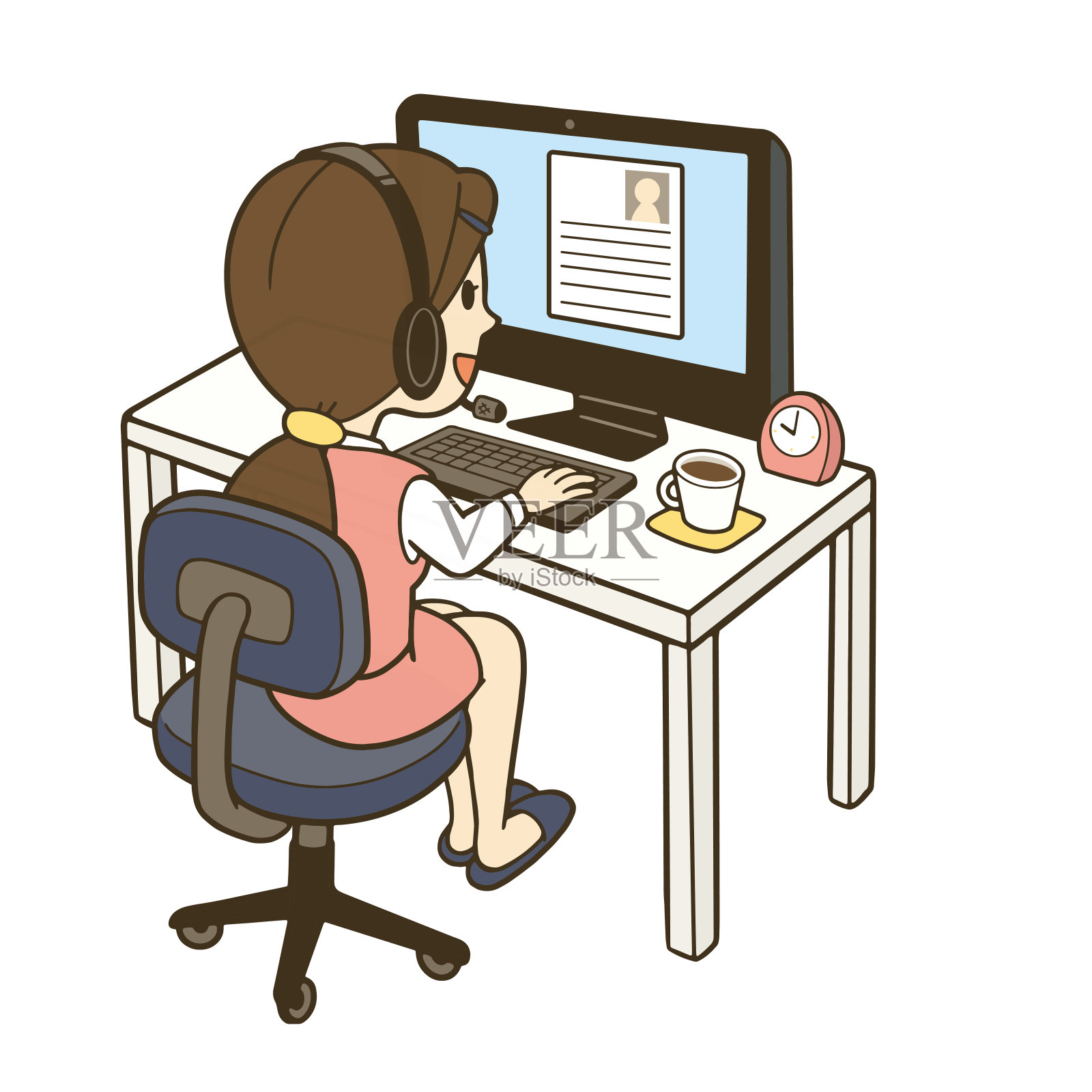 图示一个呼叫中心妇女对应的客户。插画图片素材