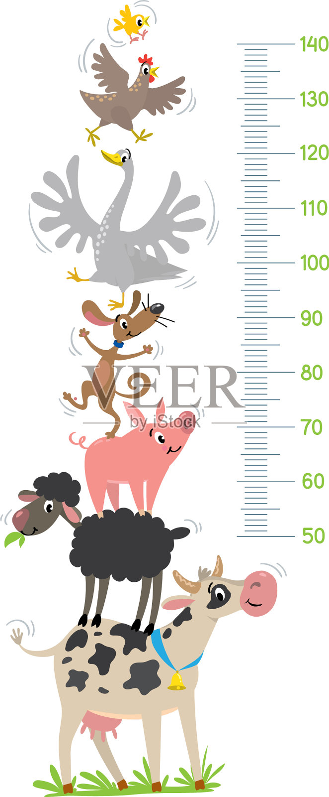 滑稽的农场动物米墙或高度图表插画图片素材