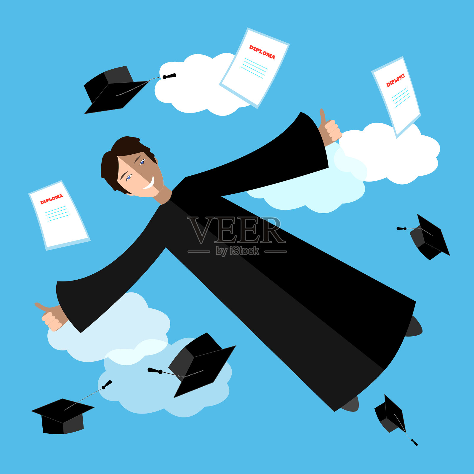 快乐的研究生在天空飞翔的研究生插画图片素材