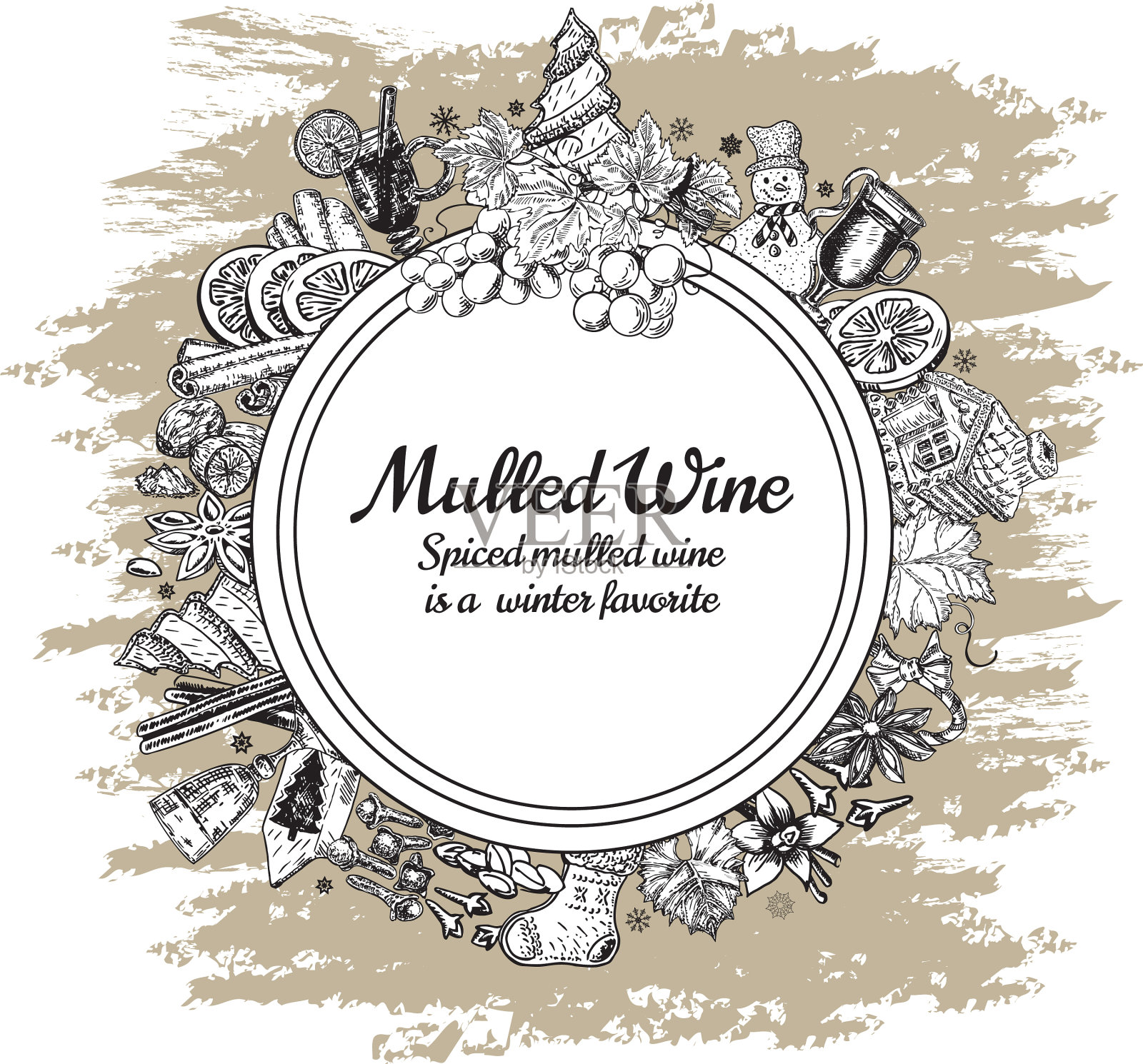 手绘香料酒圆旗黑色插画图片素材