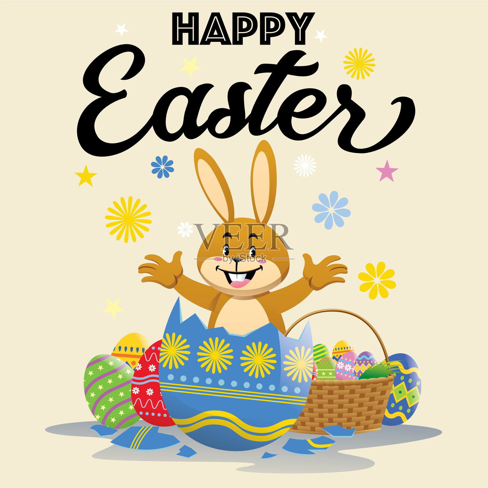 复活节兔子从龟裂的复活节中蹦出来插画图片素材