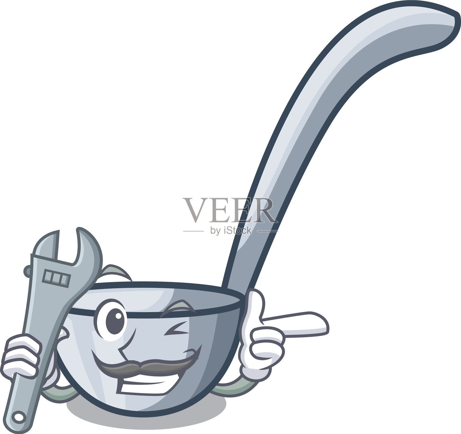 一个木制卡通桌子上的机械长柄勺插画图片素材