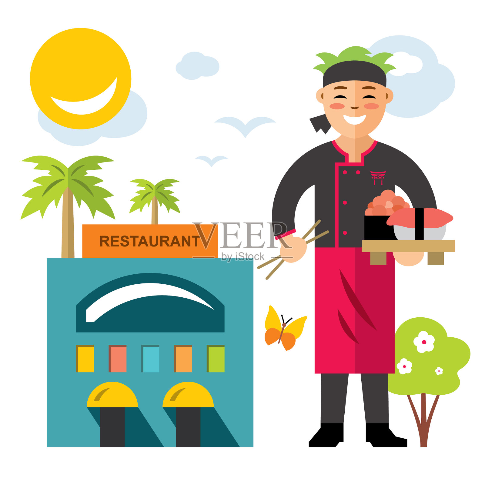 寿司师傅平铺风格彩色卡通设计元素图片