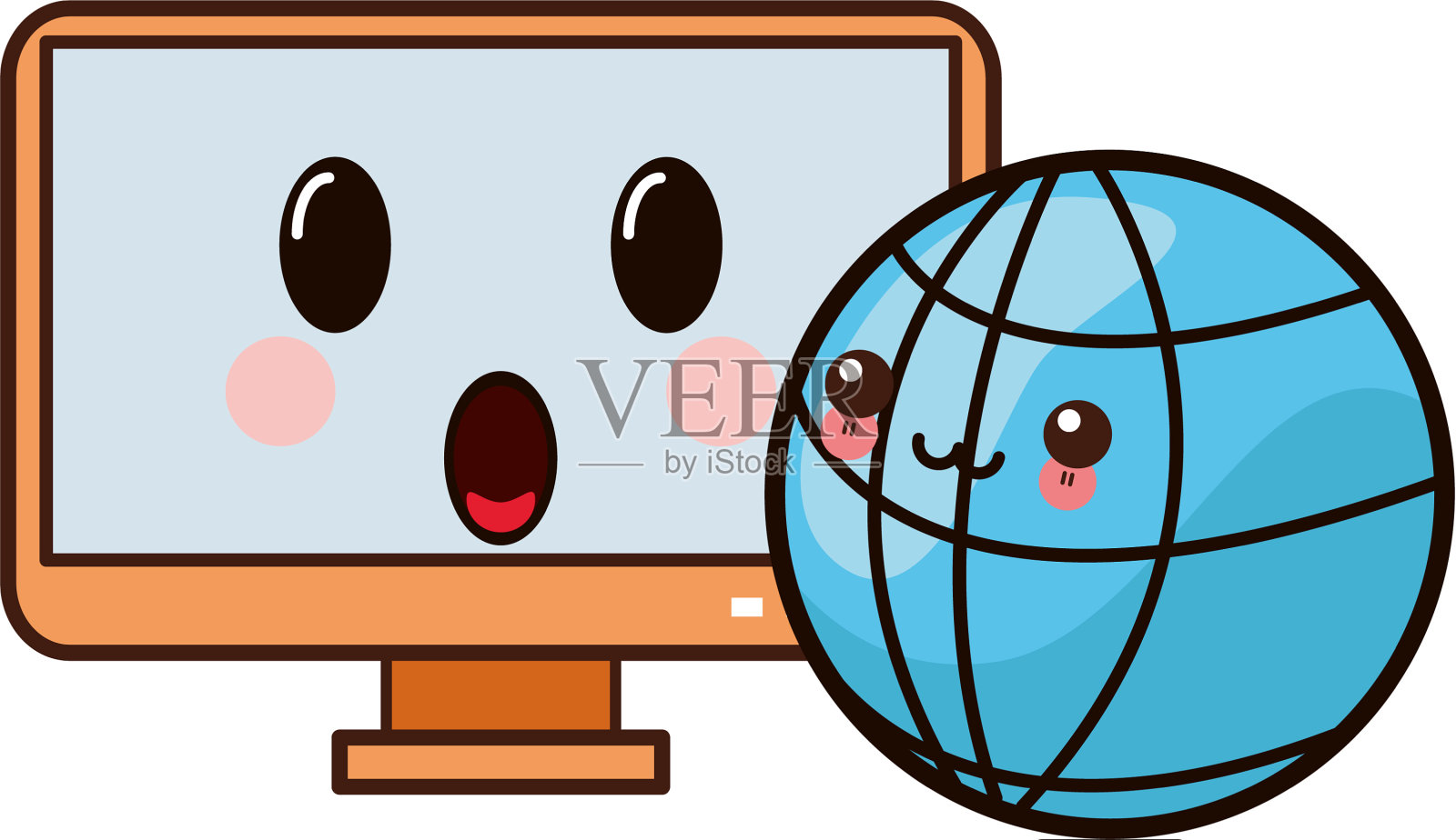 电脑和全球球卡哇伊卡通插画图片素材
