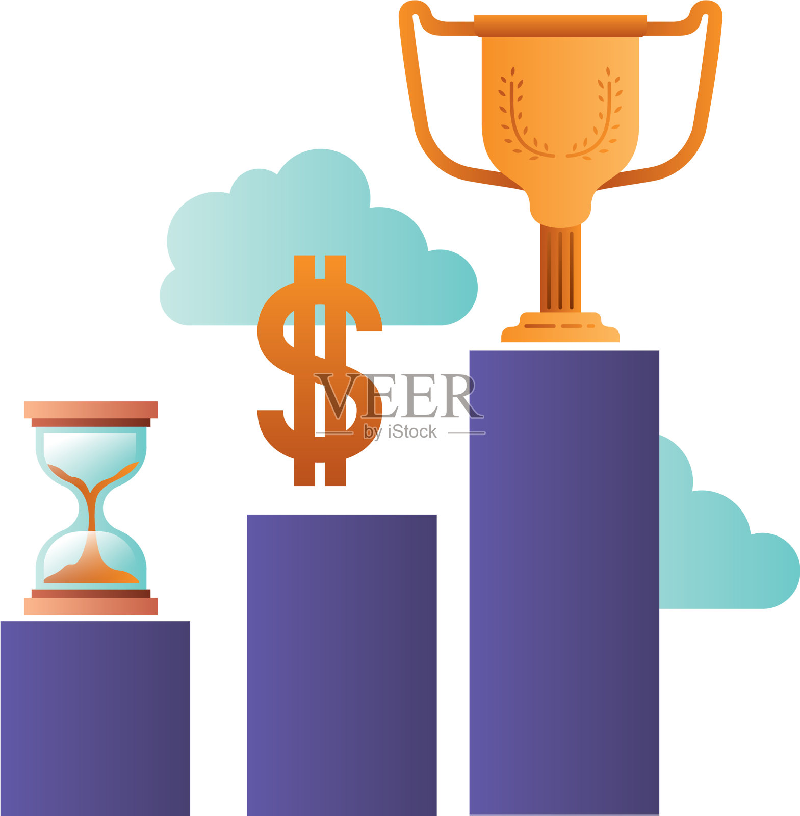 带沙漏和奖杯的条形图插画图片素材