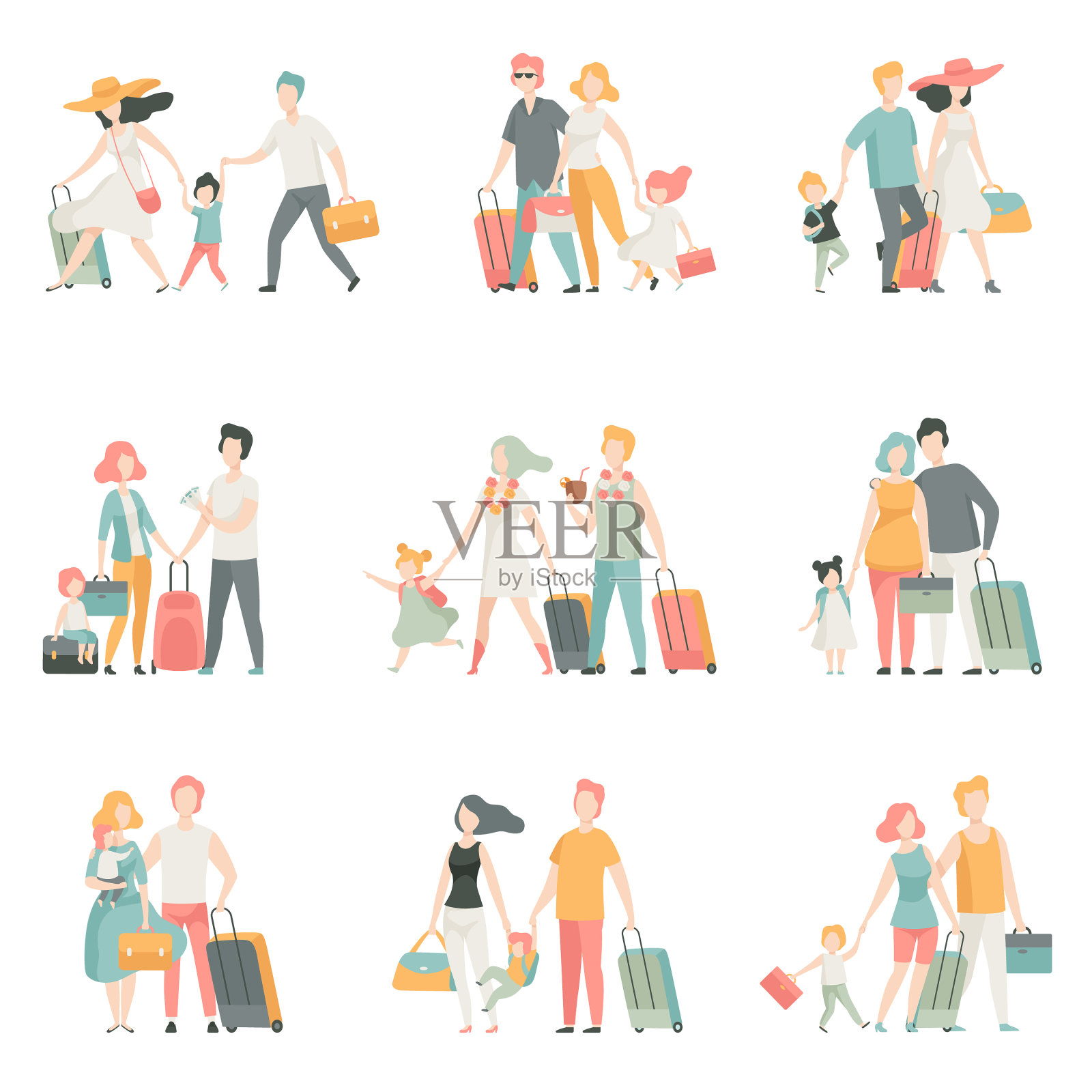 家庭旅行集爸爸妈妈和孩子插画图片素材