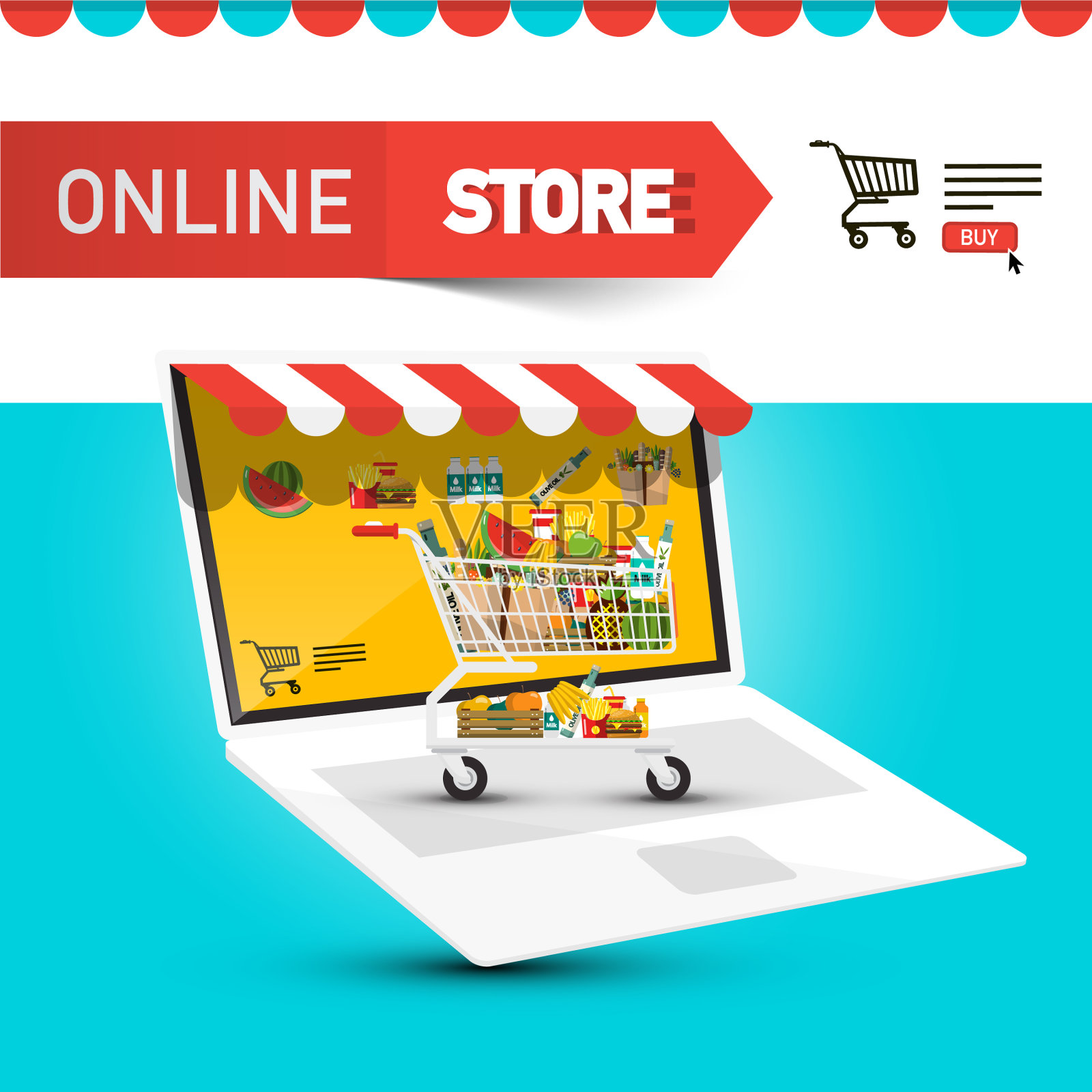 网上商店设计与购物车和项目图标上插画图片素材