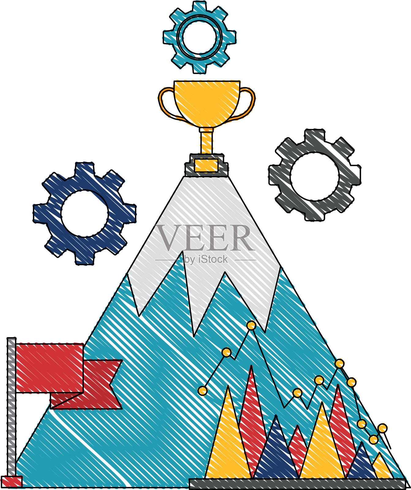 商业成功山奖杯旗图表齿轮设计元素图片