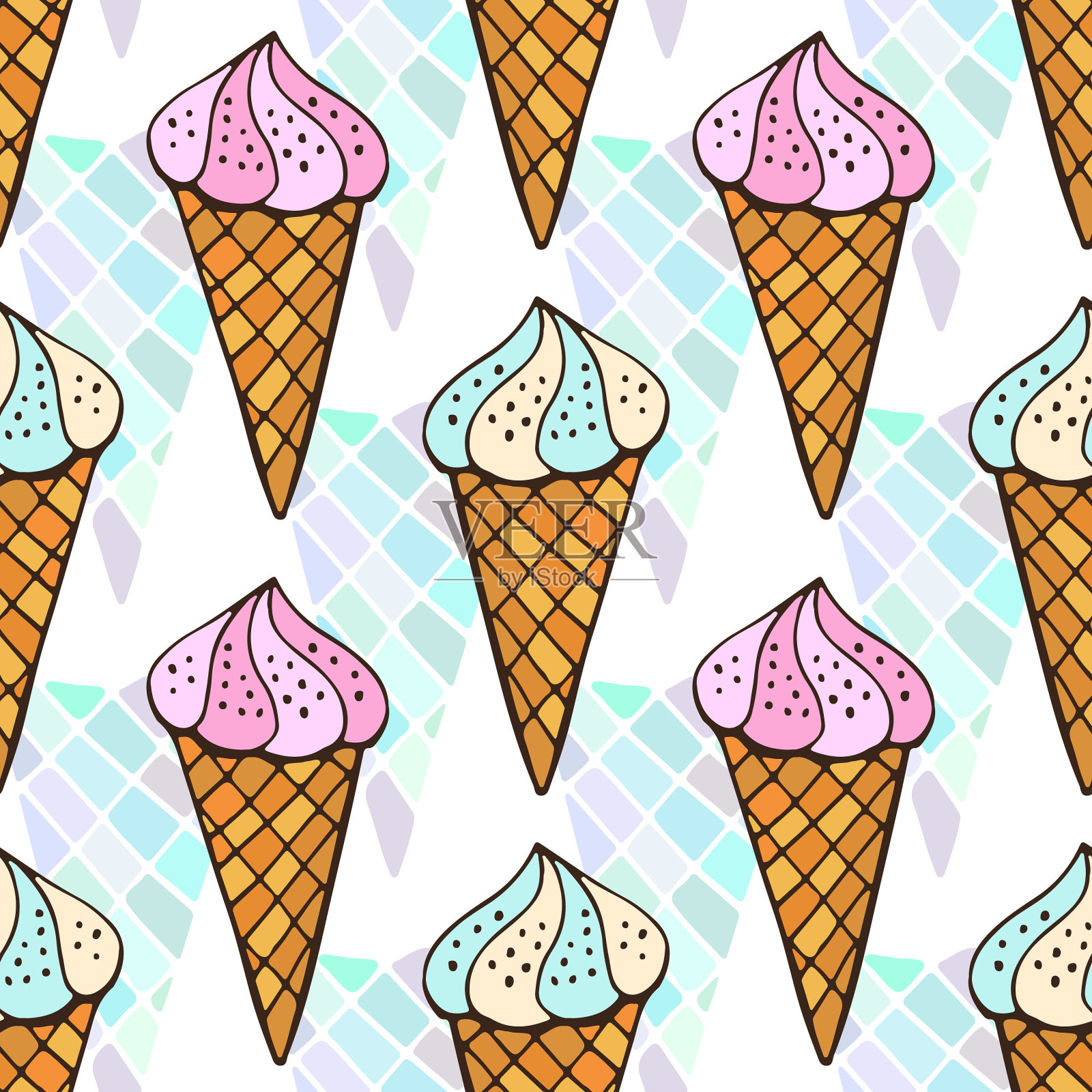 蓝色和粉色冰淇淋无缝图案鲜艳插画图片素材