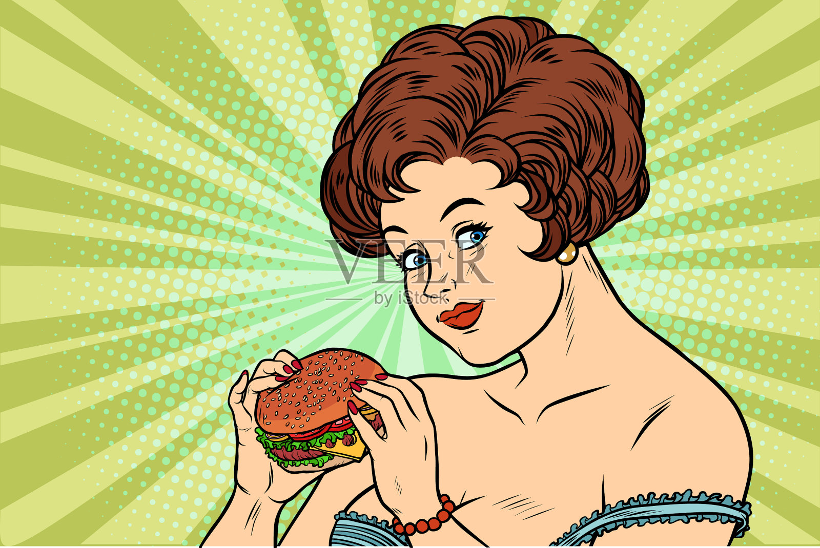 漂亮性感的女人和汉堡插画图片素材