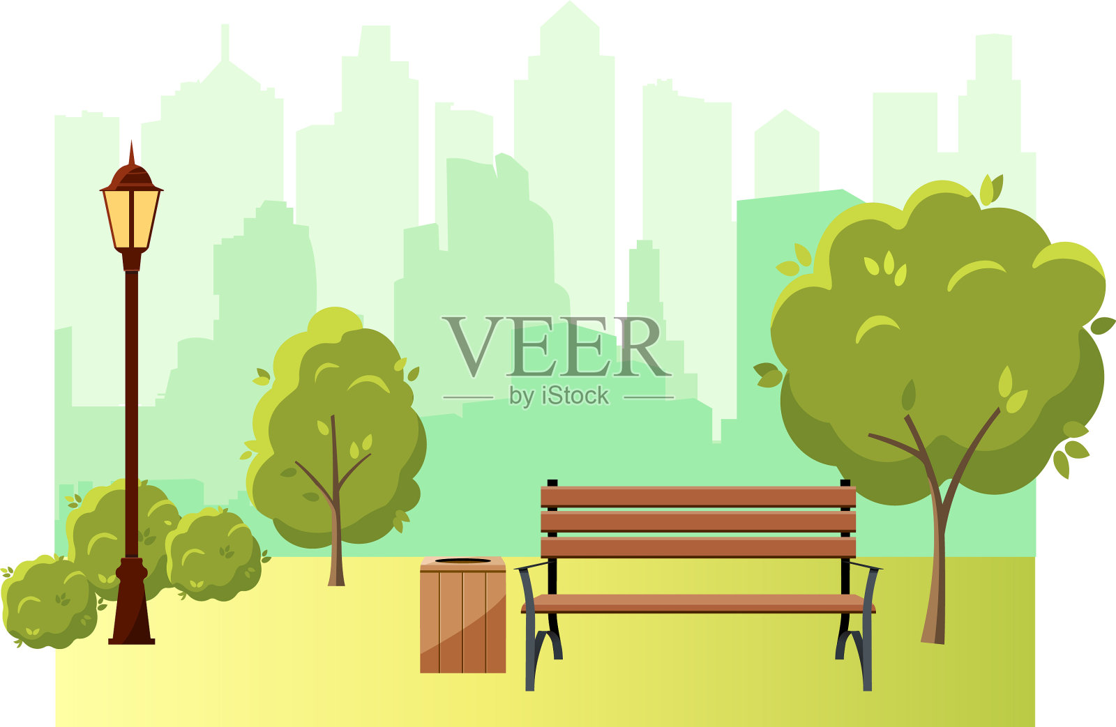 美丽的夏季城市公园有绿树长椅设计元素图片