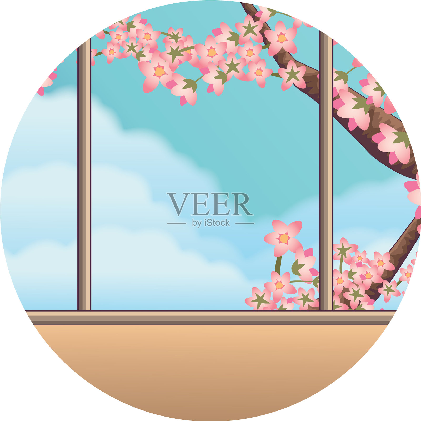 透过窗户的樱桃树插画图片素材