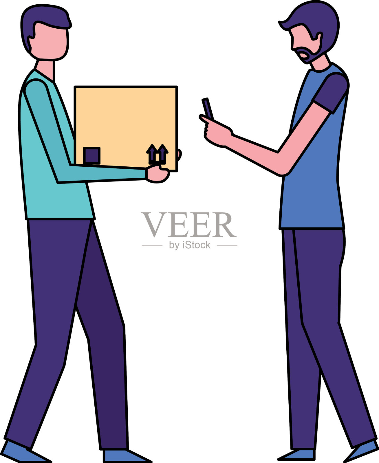 搬运工拿着箱子，搬运工用手机插画图片素材