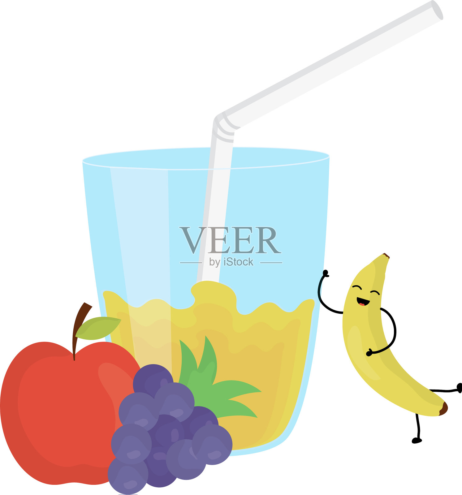 玻璃与果汁香蕉新鲜水果卡哇伊设计元素图片