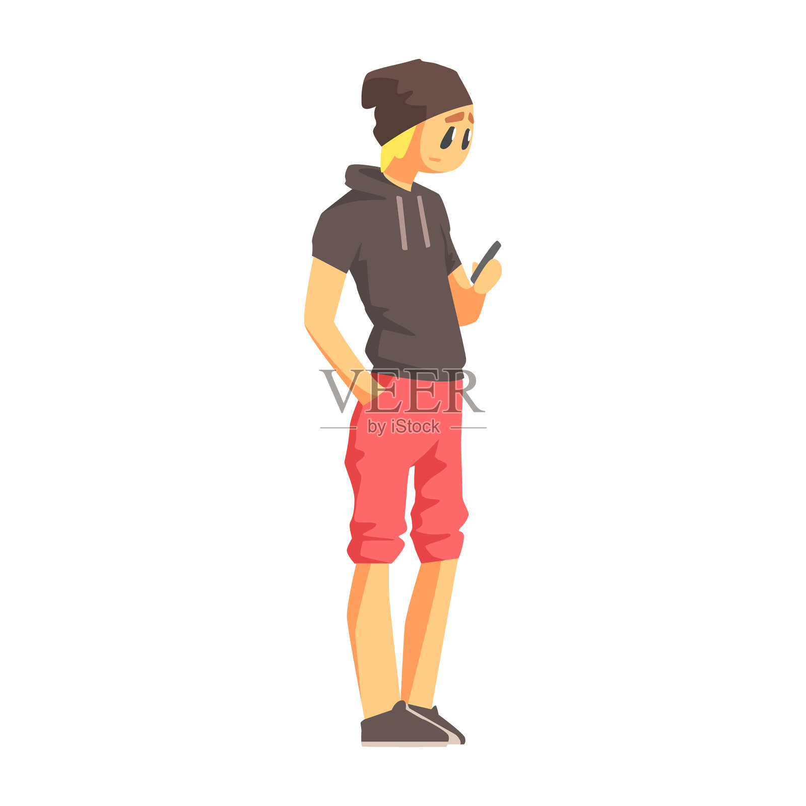 穿着短袖连帽衫拿着智能手机的年轻人设计元素图片