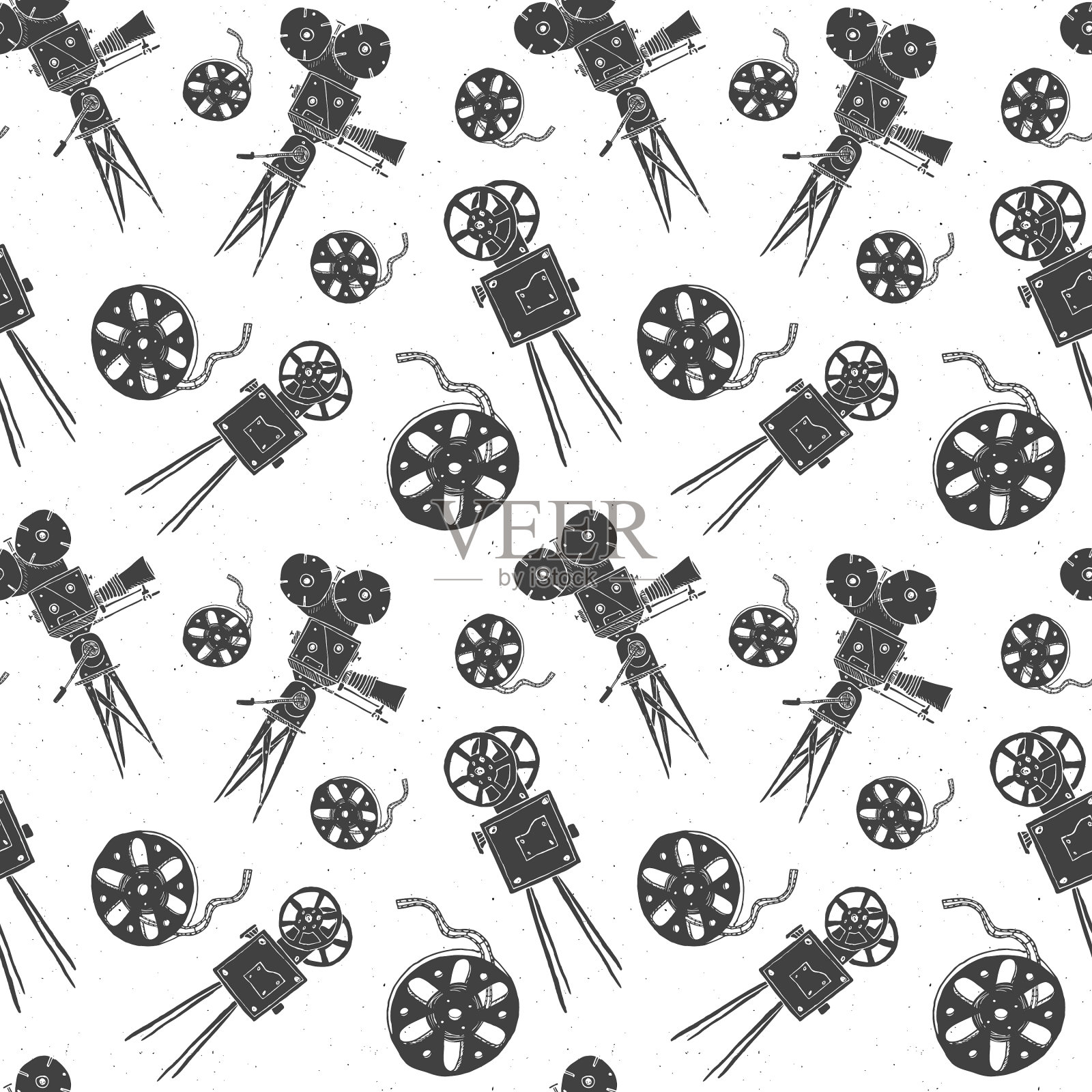 相机和胶片卷轴的复古无缝模式插画图片素材