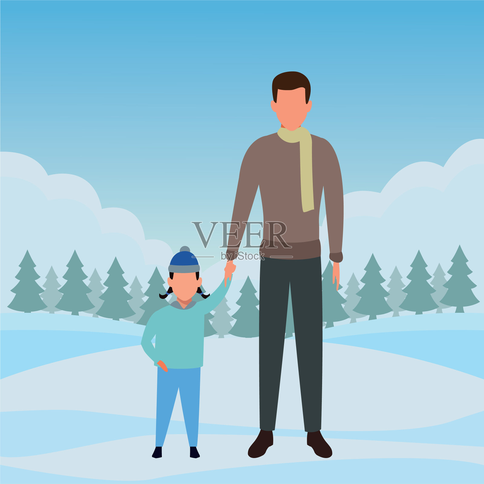 男人牵着孩子的手插画图片素材