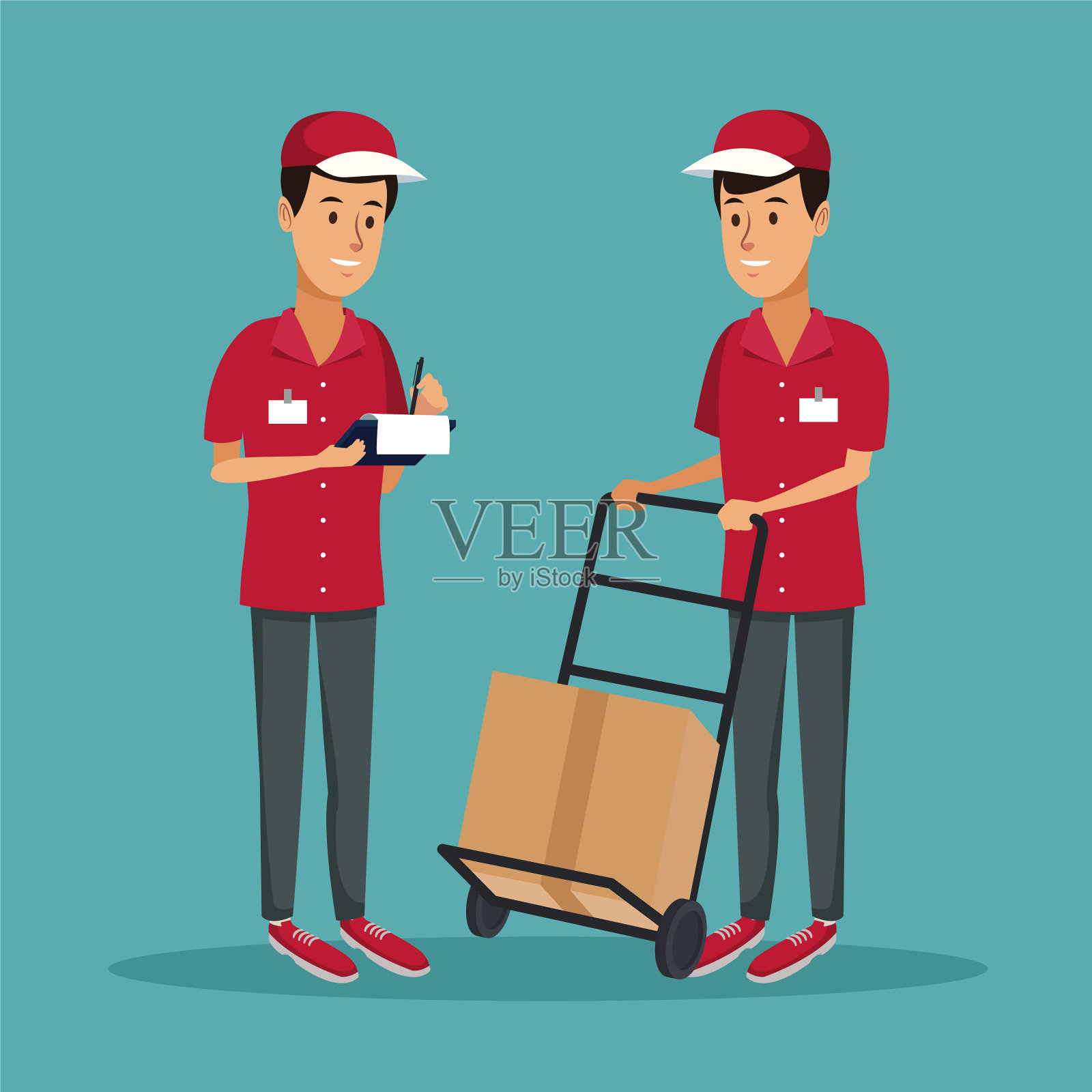 彩色背景，男，工人和手推车插画图片素材