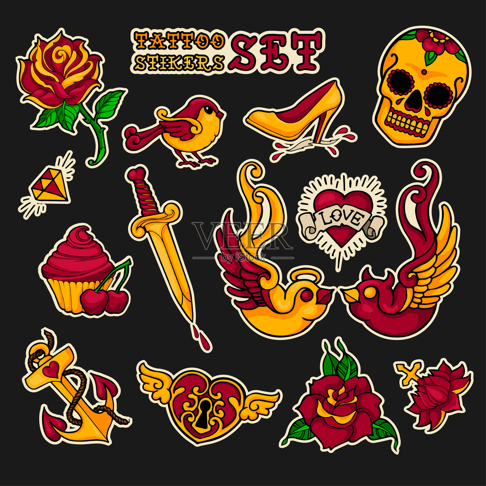 老学校贴纸纹身套装插画图片素材