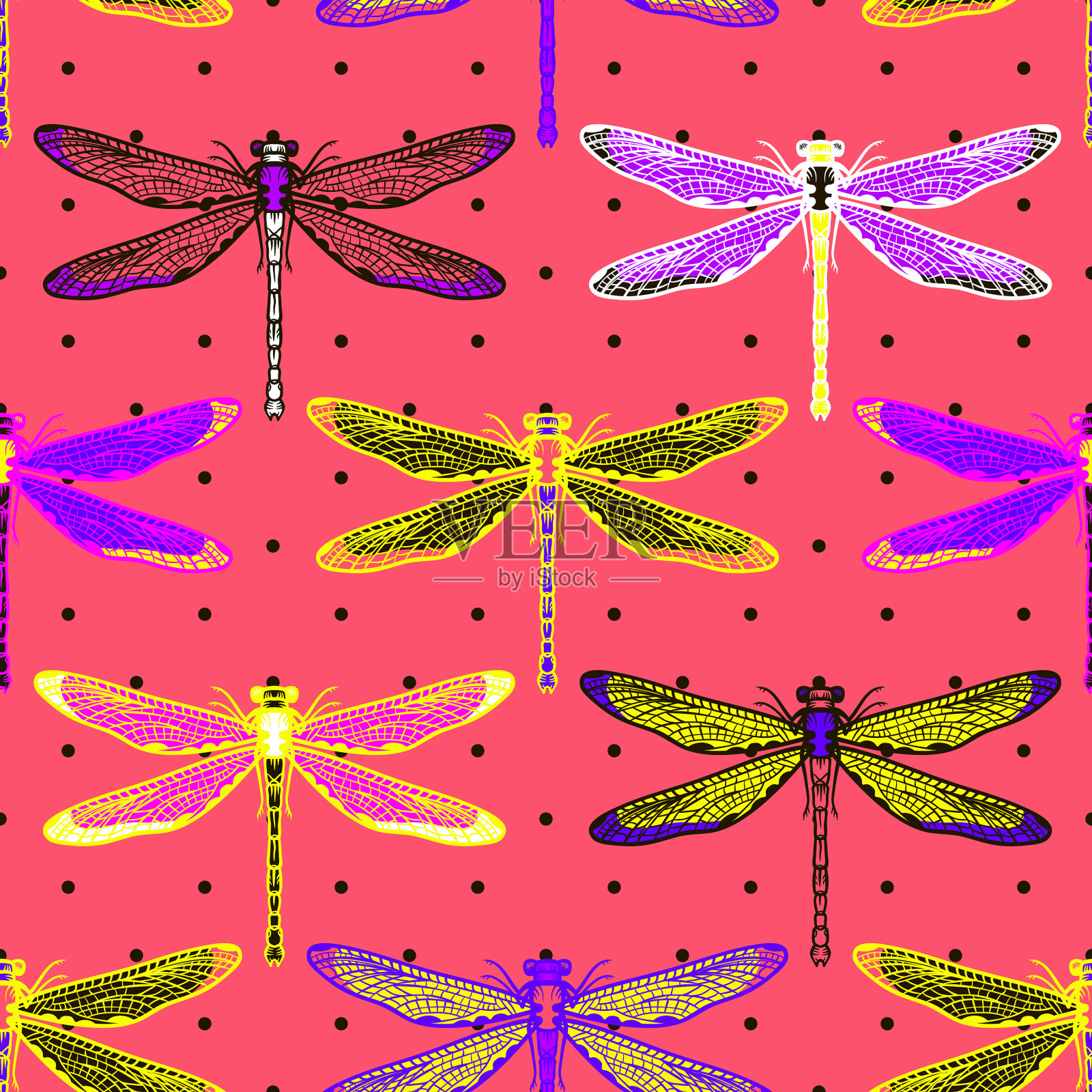 手绘程式化的蜻蜓无缝图案插画图片素材