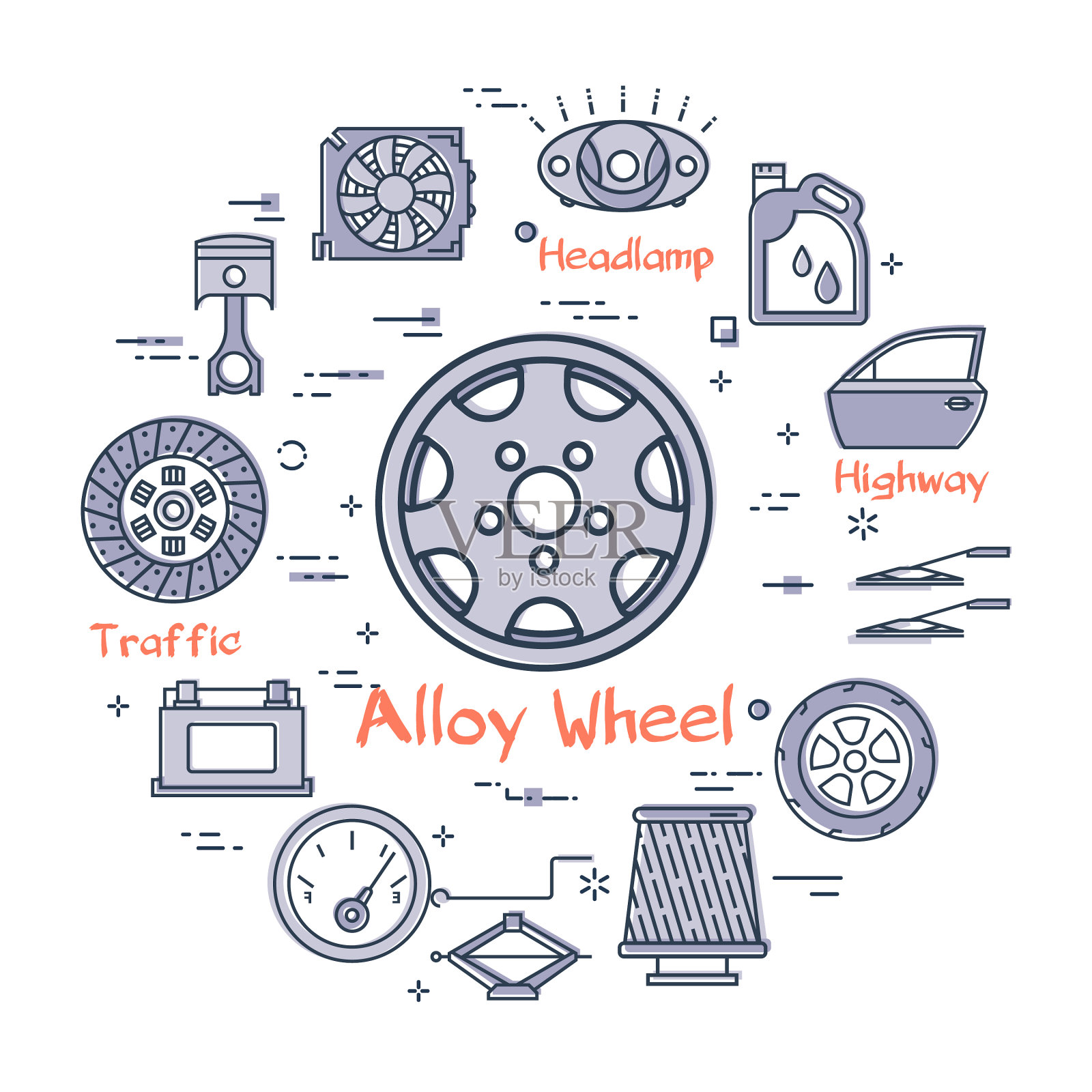 线性圆形旗帜的合金车轮插画图片素材