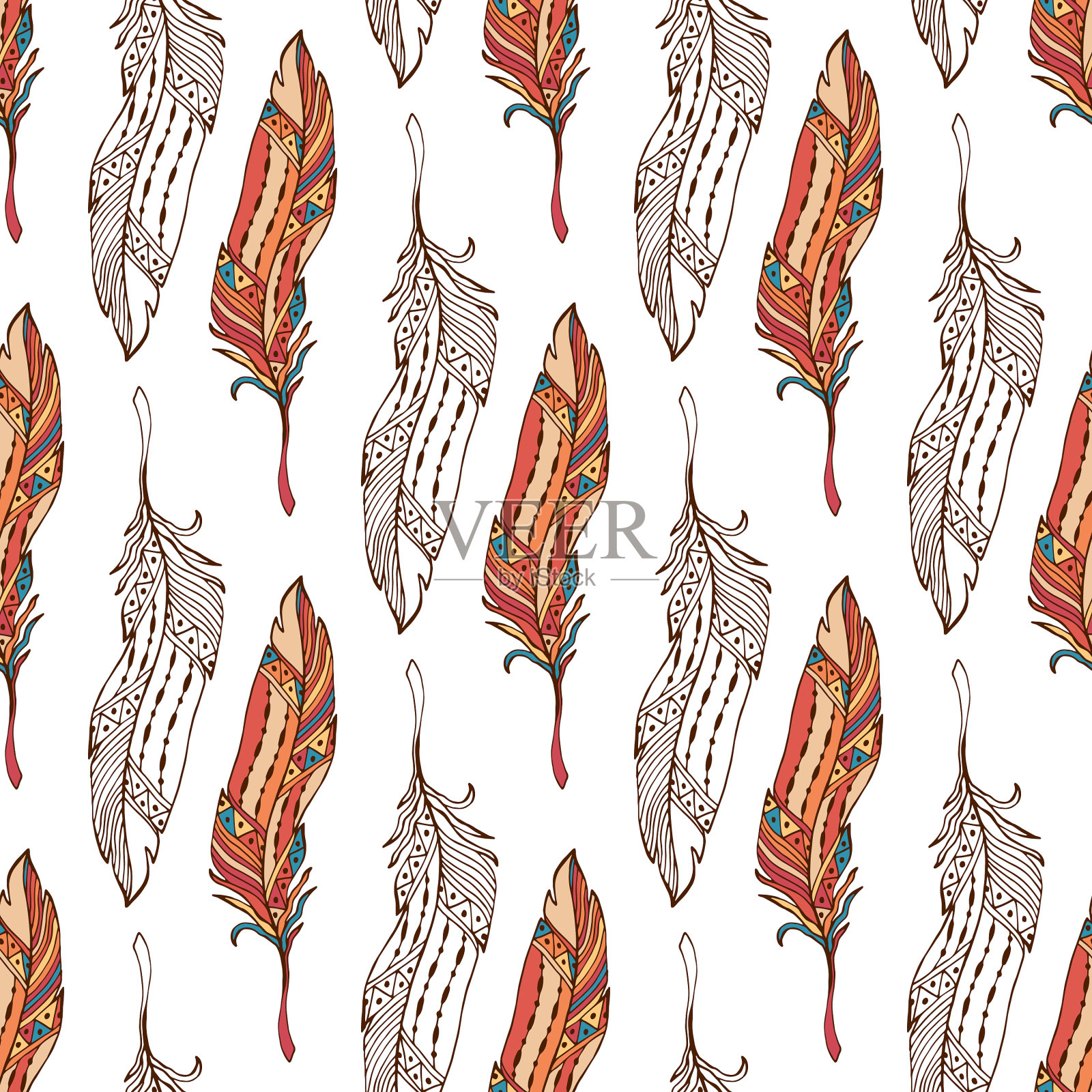 羽毛无缝图案在波西米亚风格民族插画图片素材