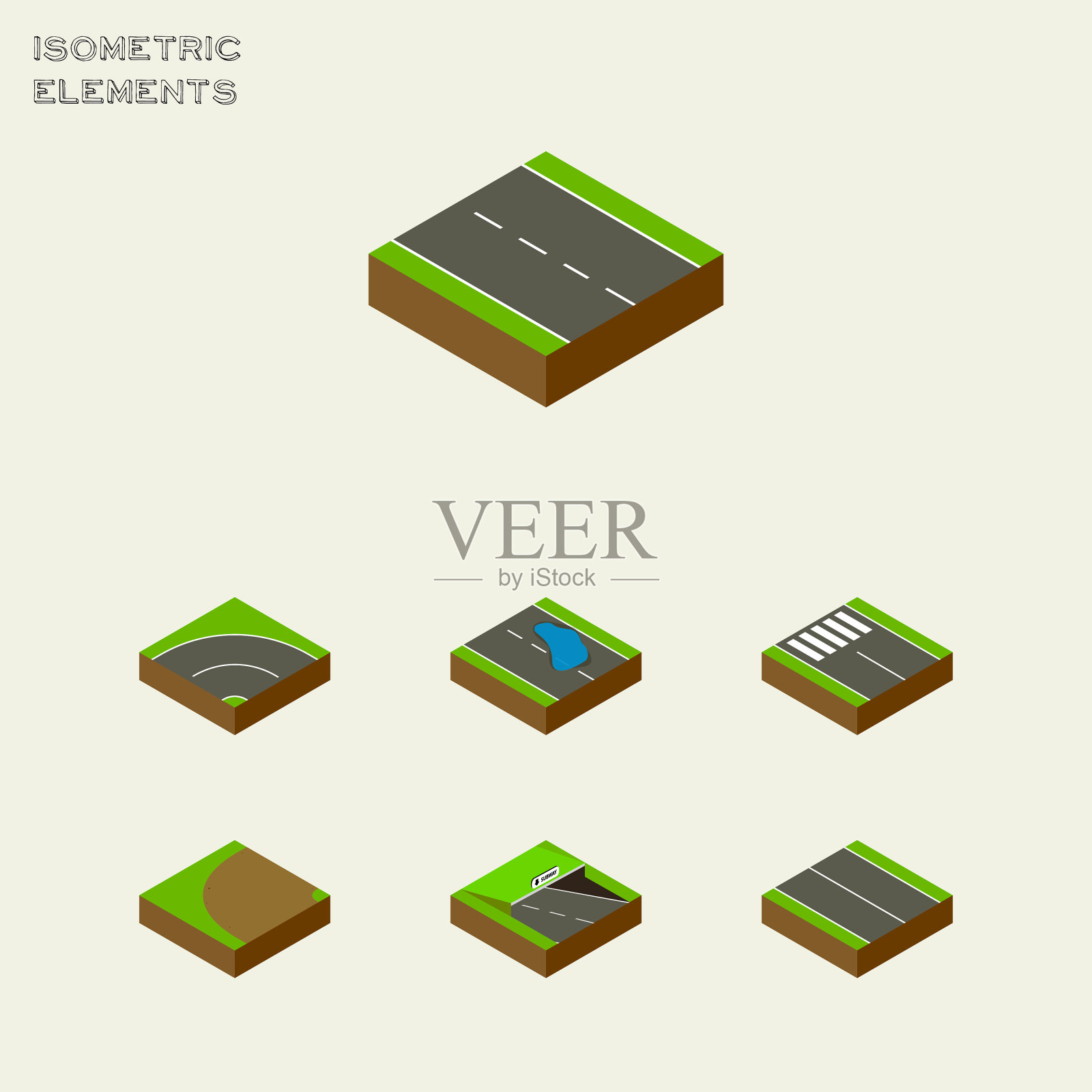 等距道路集水花沥青单车道插画图片素材