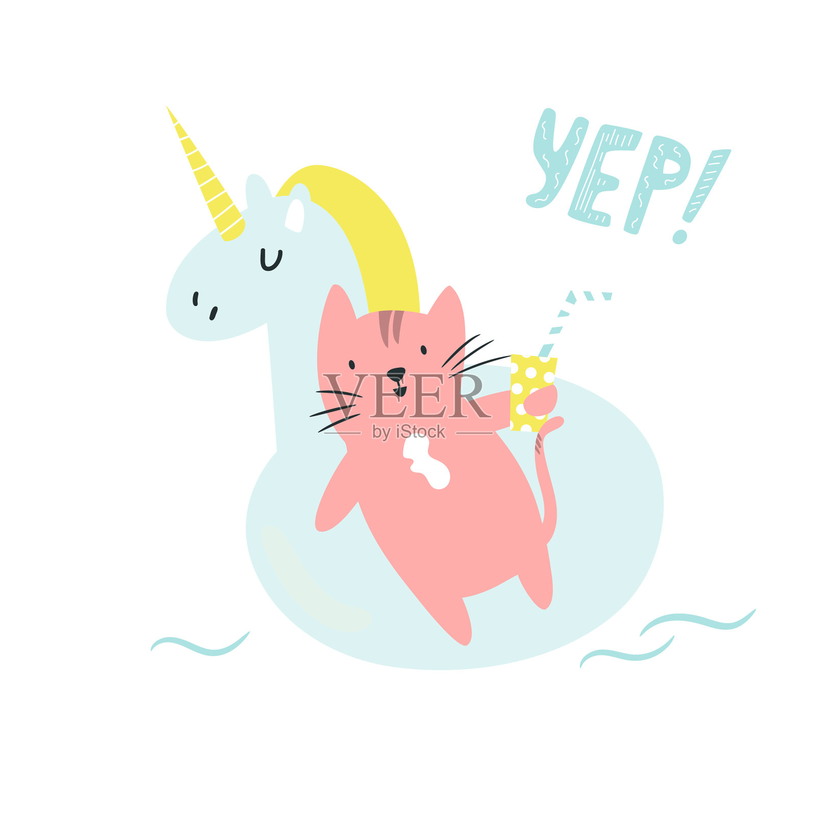 可爱的手绘猫在游泳池游泳设计元素图片