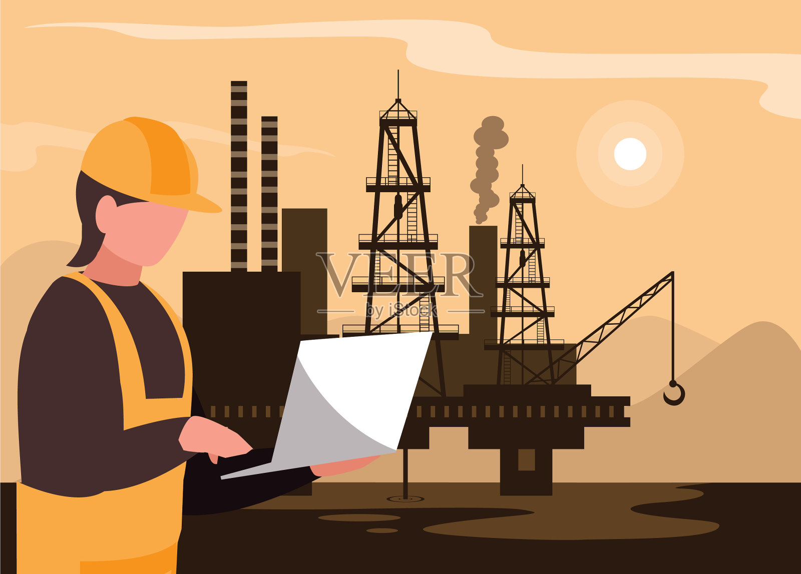石油工业场景与海洋平台和工人插画图片素材