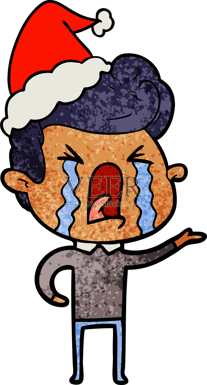 一个带着圣诞老人帽子哭泣的男人的纹理卡通设计元素图片