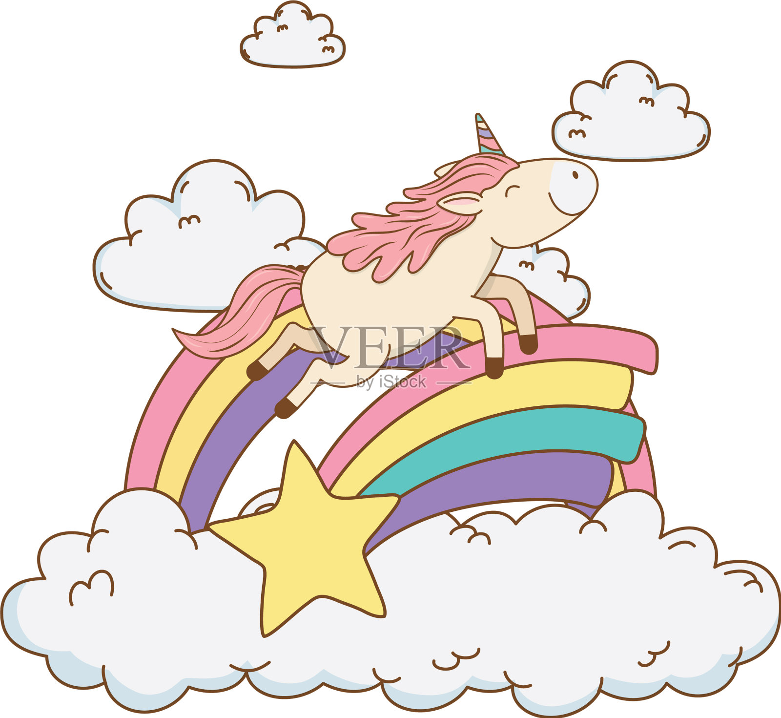 可爱的童话麒麟在云中与彩虹设计元素图片