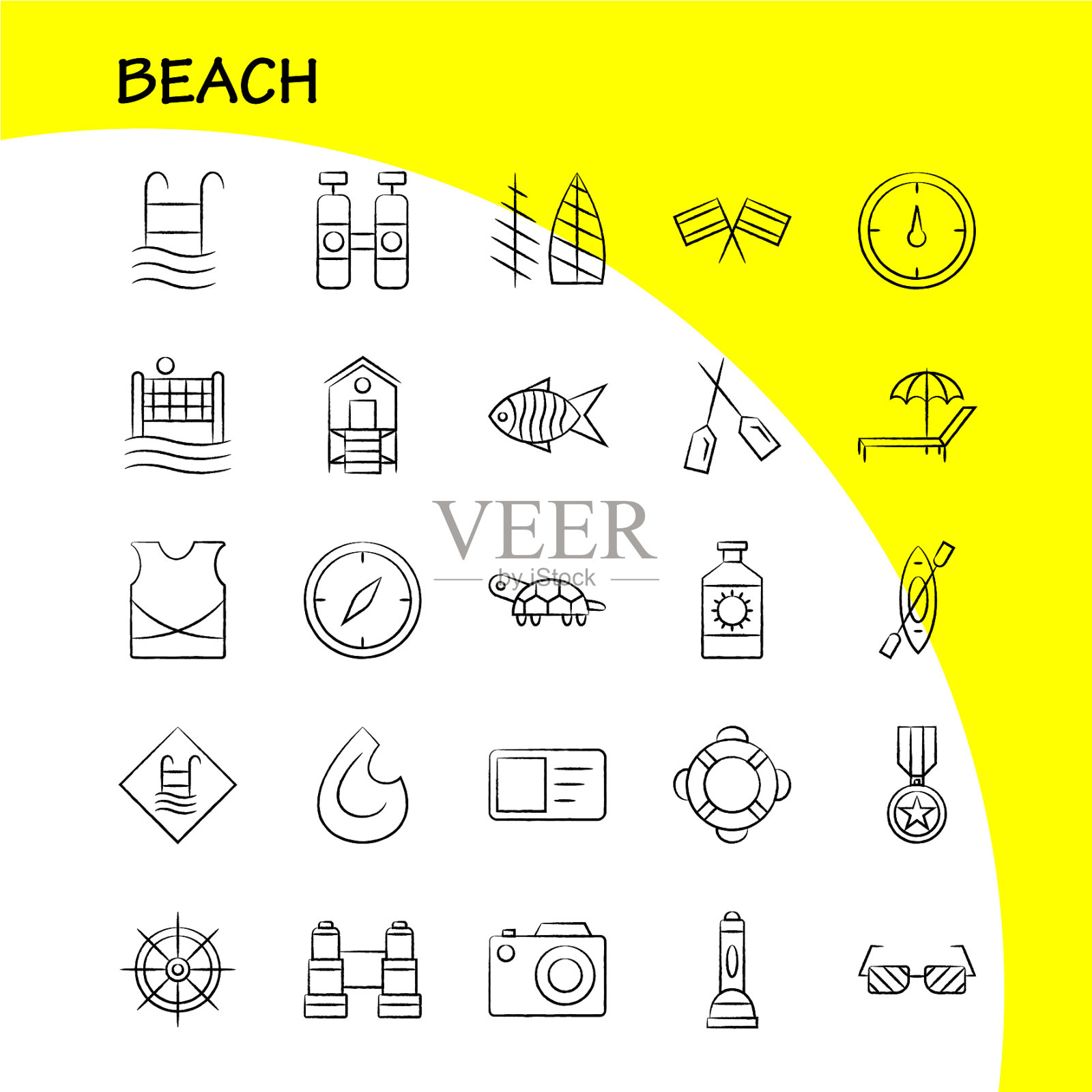 海滩手绘图标为网络打印和移动图标素材