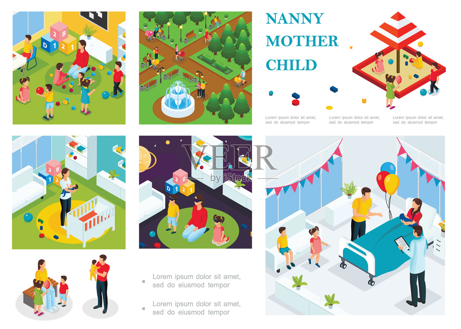 等距儿童护理构成插画图片素材