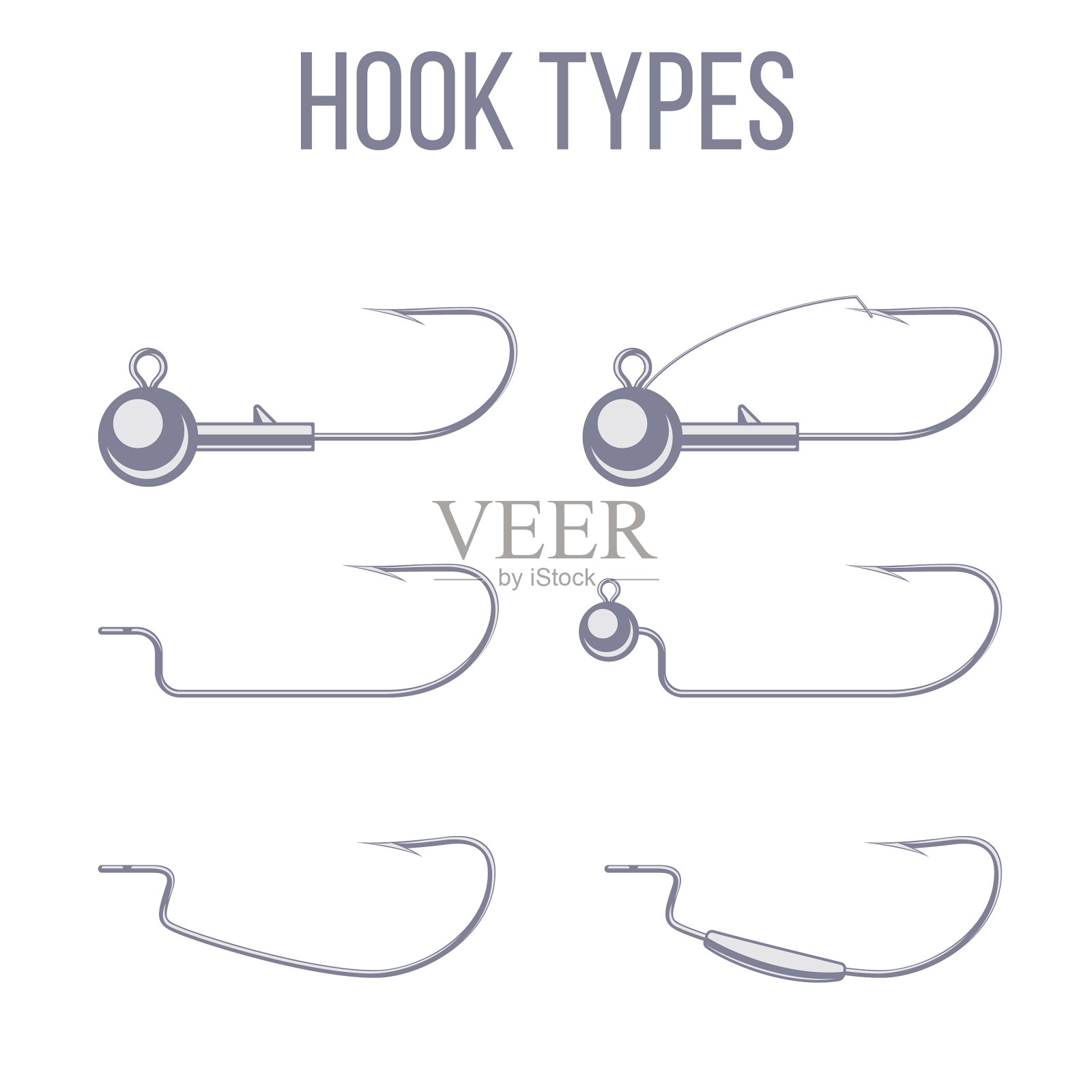 带有偏置鱼钩的钩和沉钩类型插画图片素材