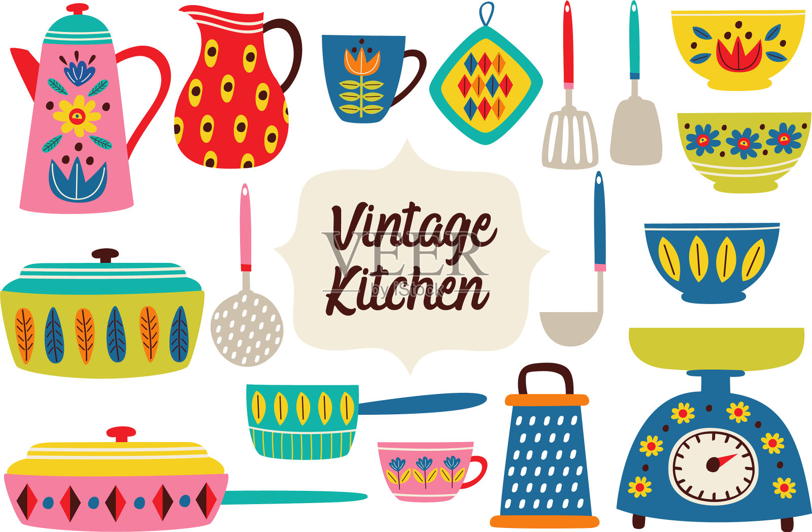 一套孤立的老式厨房用具第2部分插画图片素材