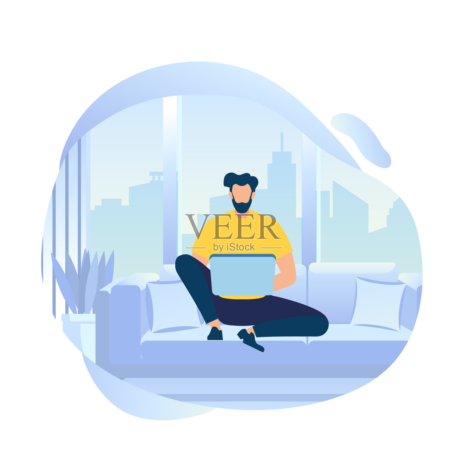 年轻人坐在沙发上用笔记本电脑工作设计元素图片